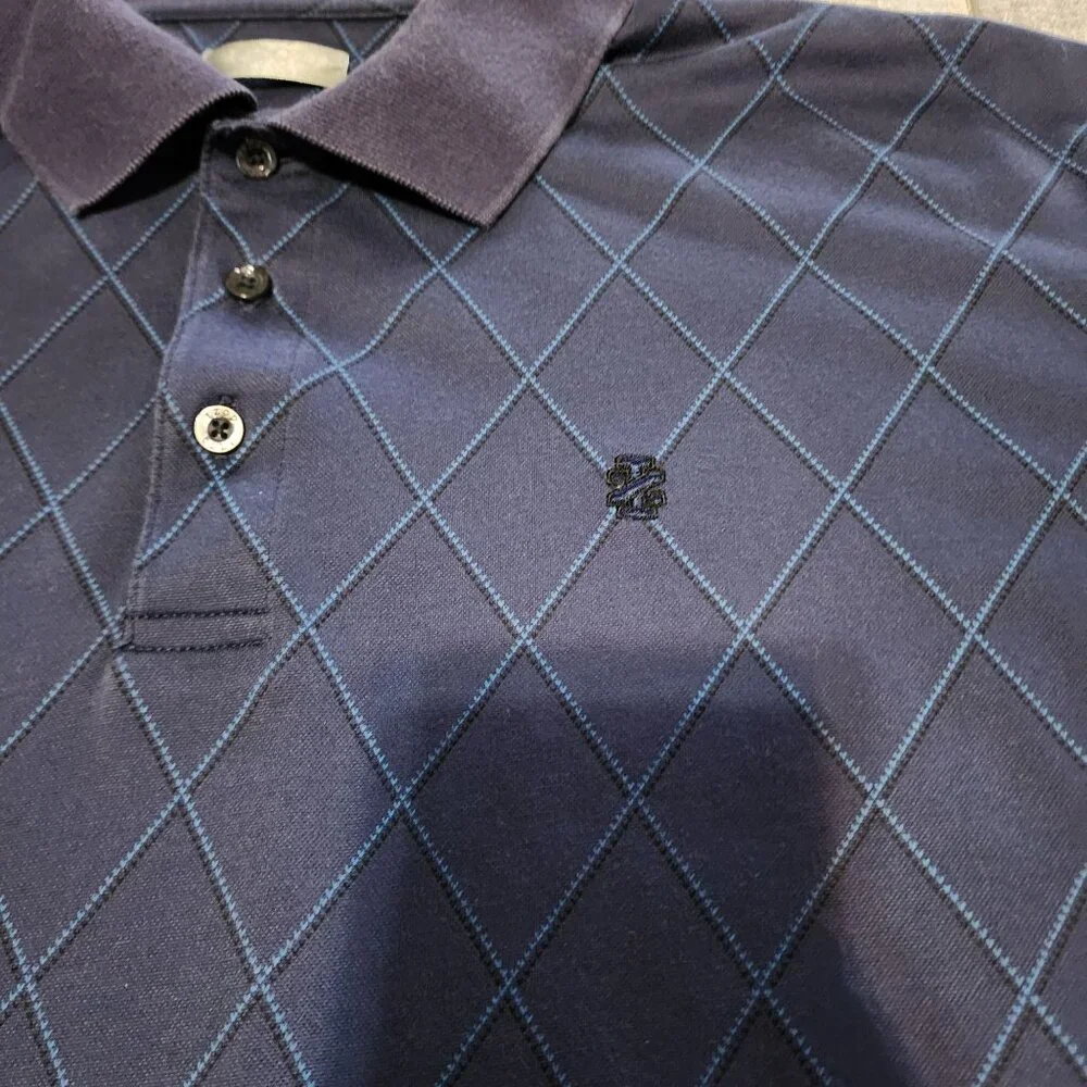 Izod Golf Blue Argyle Mens Short Sleeve Polo Shirt Large Collard Casual‎ Wear
